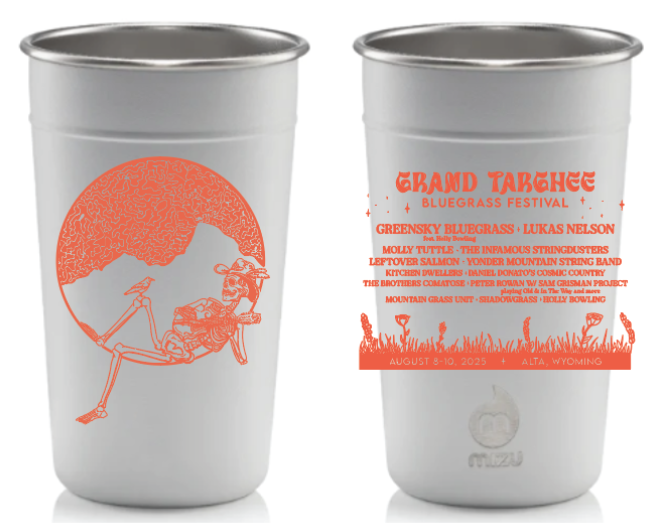 Stainless steel cup with orange graphics, skeleton under a moon.