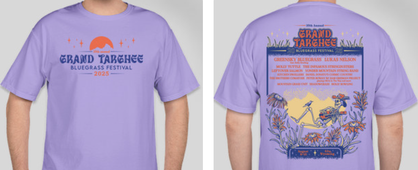 Lavender T-shirt with a sunset graphic on the front and a detailed floral design on the back.