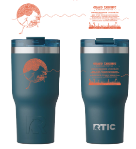 Dark blue travel mugs with orange mountain design and text.