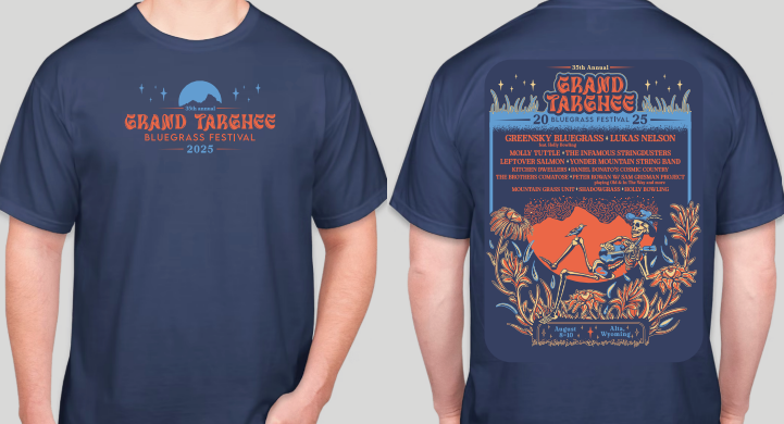 Midnight blue t-shirt with orange festival graphics on front and back.