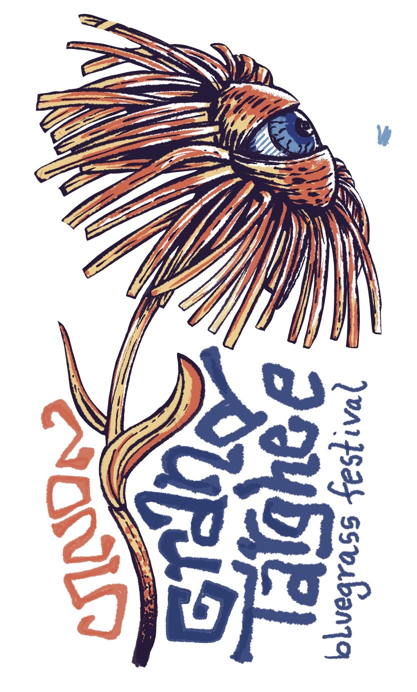 Stylized flower illustration with text saying Grand Targhee Bluegrass Festival.