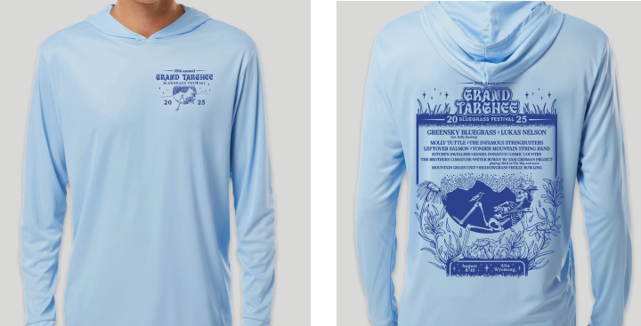 Light blue long-sleeve hoodie with dark blue graphics of mountains and text on front and back.