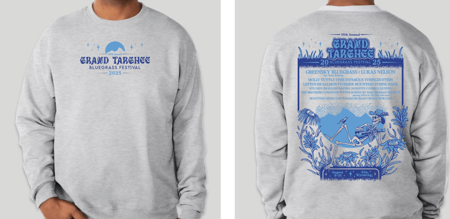 Gray sweatshirt with blue graphics of nature scenes and text on front and back.