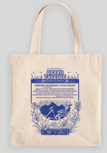 Canvas tote bag with blue outdoor-themed graphic.