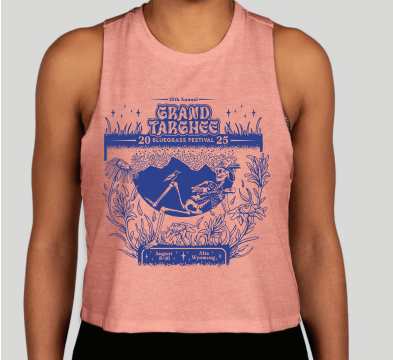 Pink tank top with a blue mountain and wilderness design.