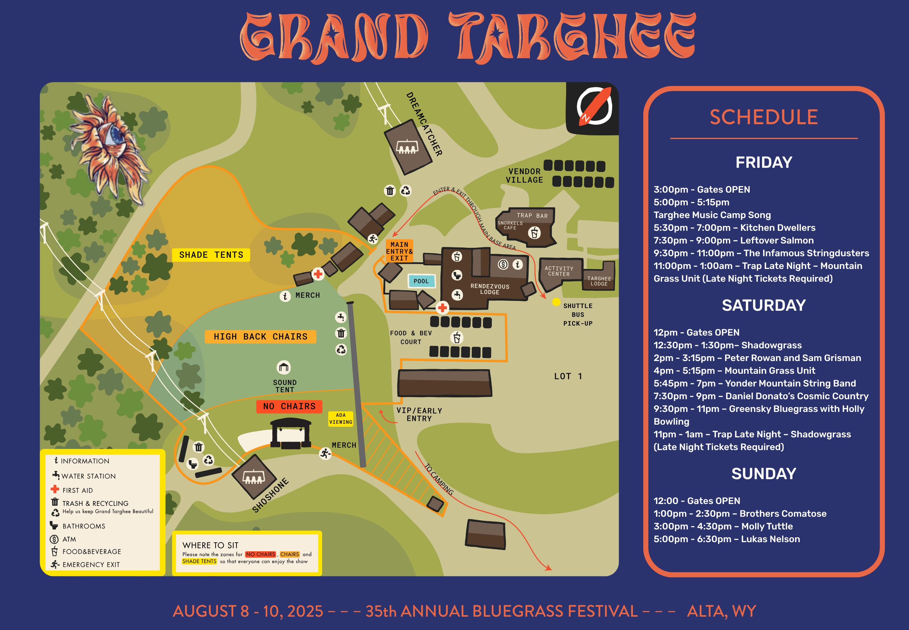 Festival map with schedule, campsite areas, and amenities marked.