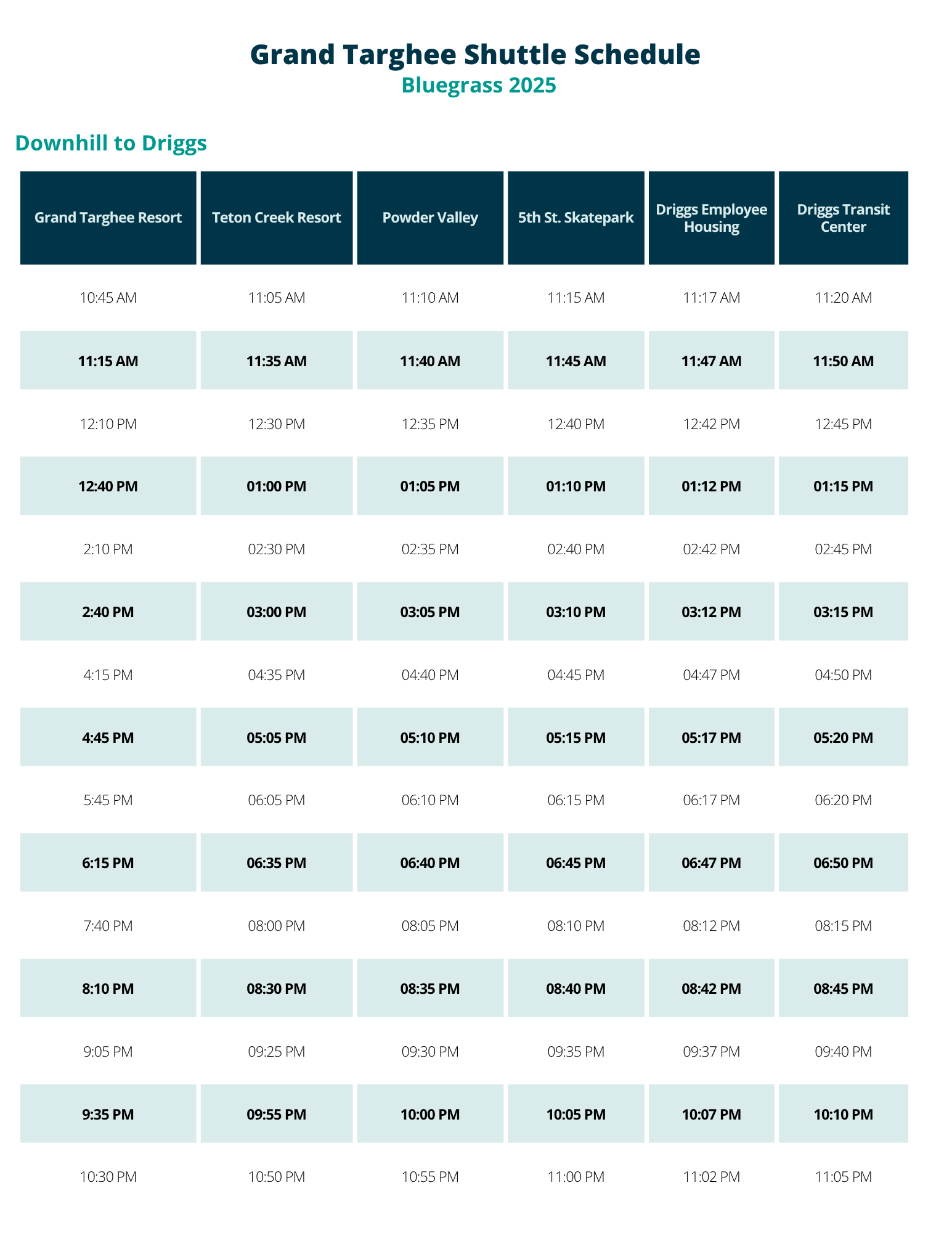 Grand Targhee shuttle schedule in table format, summer 202wnhill bluegrass 2025