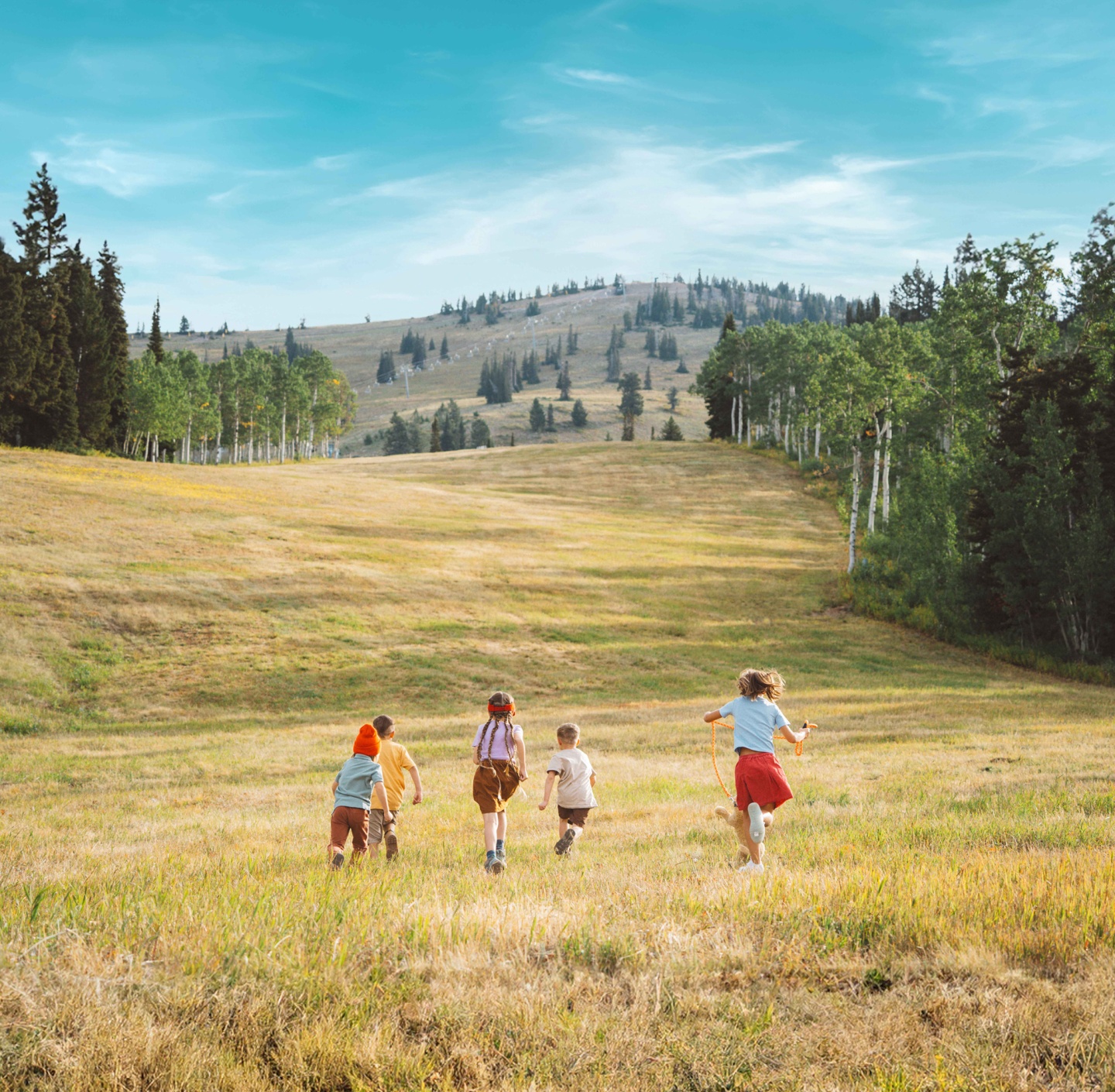 Kids running through a sunny meadow towards a forested hill.
