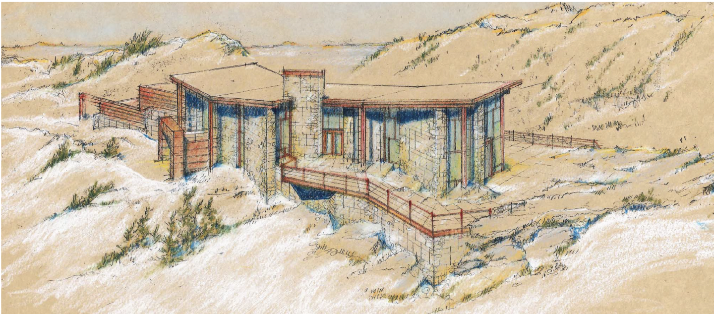 building sketch with stone walls and flat roof