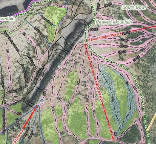 Trail map with various colored paths and terrain contours.