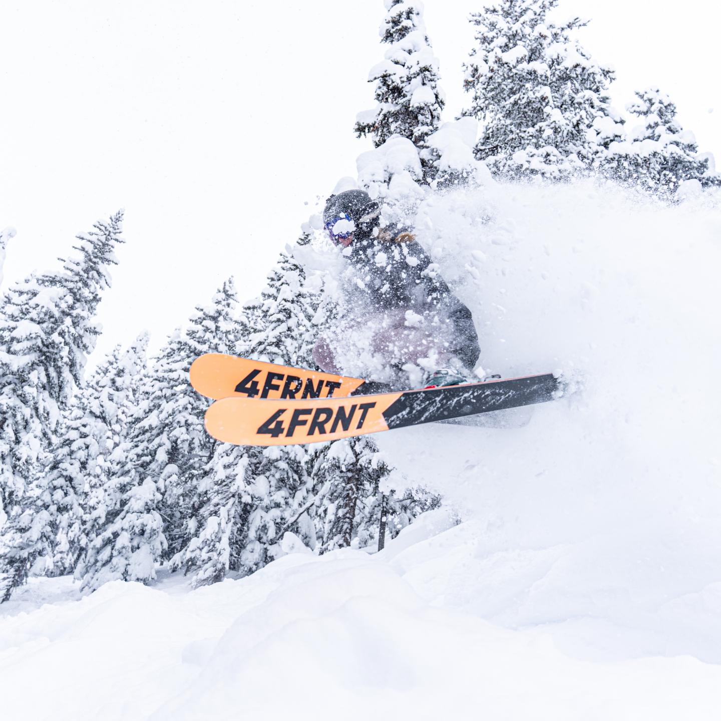 Skier in mid-air, snow-covered trees in the background.