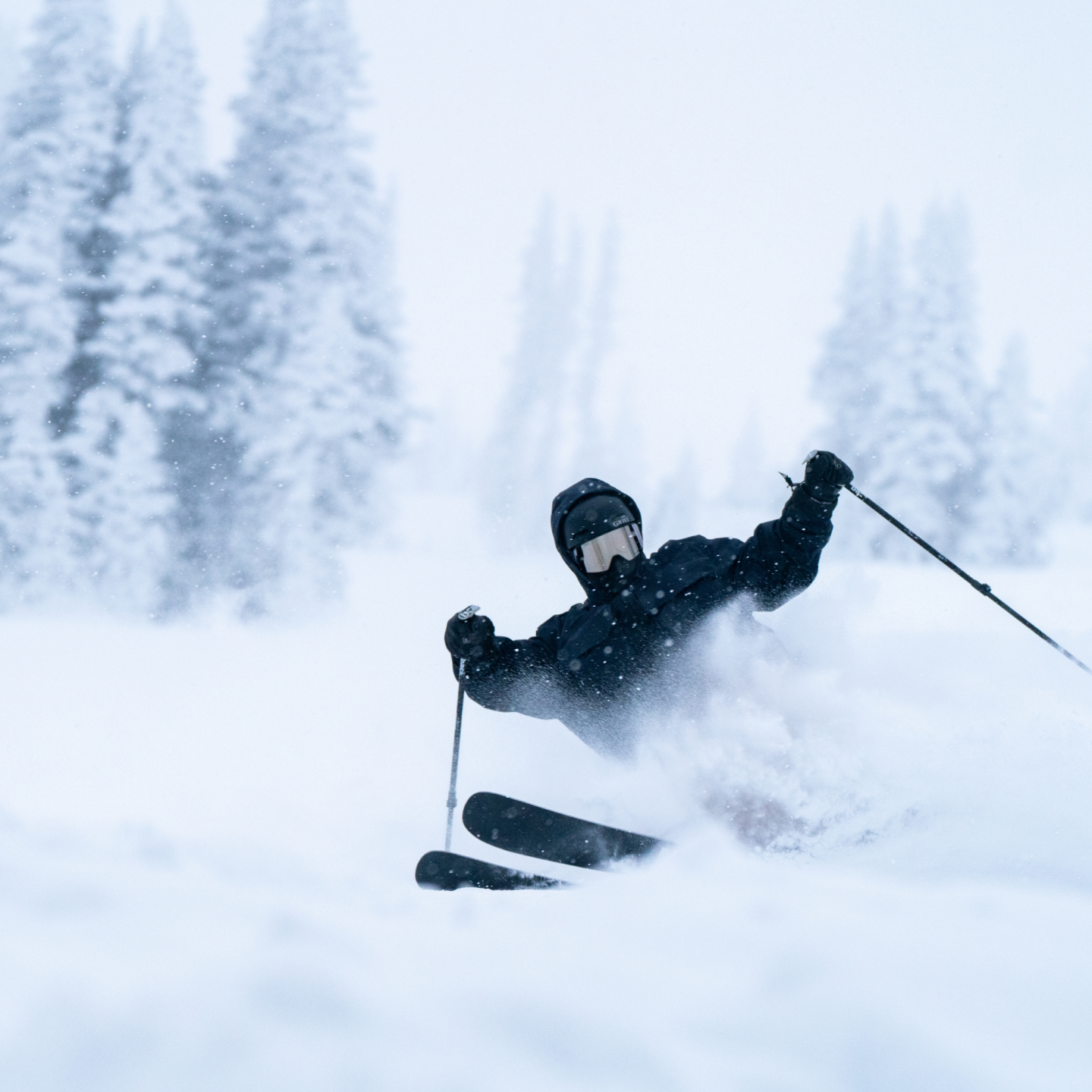 Skier gliding through deep snow with trees in the background.