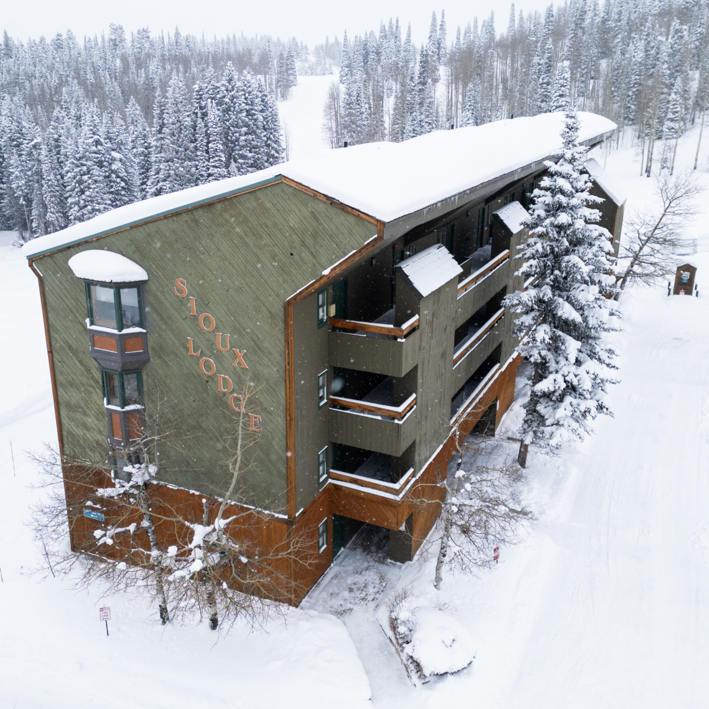 Snow-covered lodge surrounded by frosted trees in a winter setting.